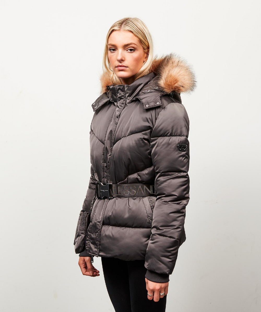 Alessandro Zavetti Womens Lucia Belted Chevron Fur Jacket | Grey | Zavetti