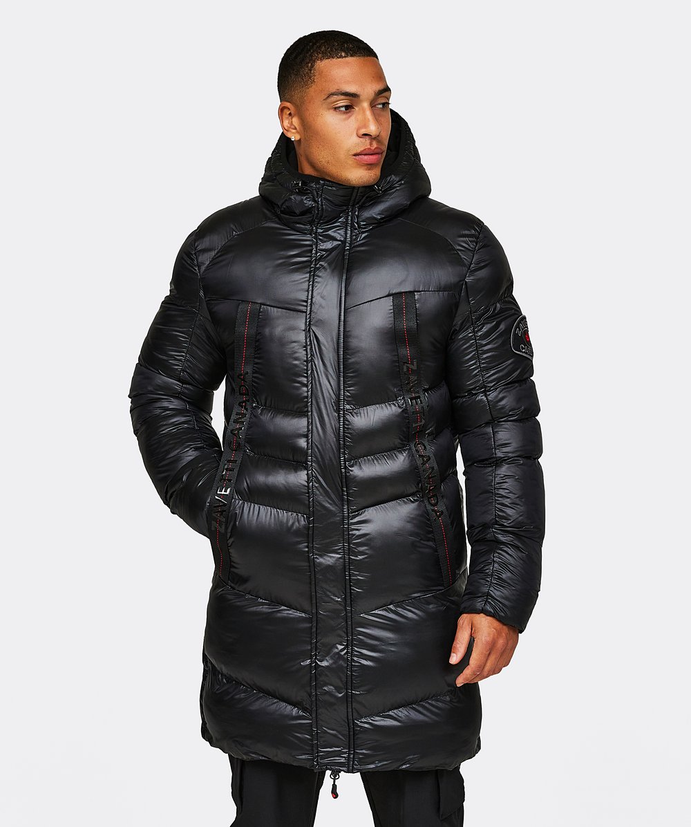 Black hooded longline puffer jacket best sale