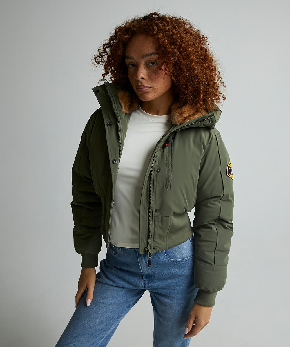 Ossani Split Cropped Hooded Puffer Bomber Jacket