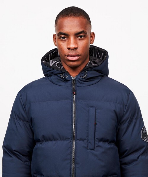 blue jacket with grey hood