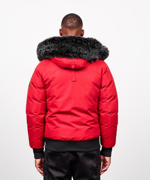 red bomber jacket with fur hood