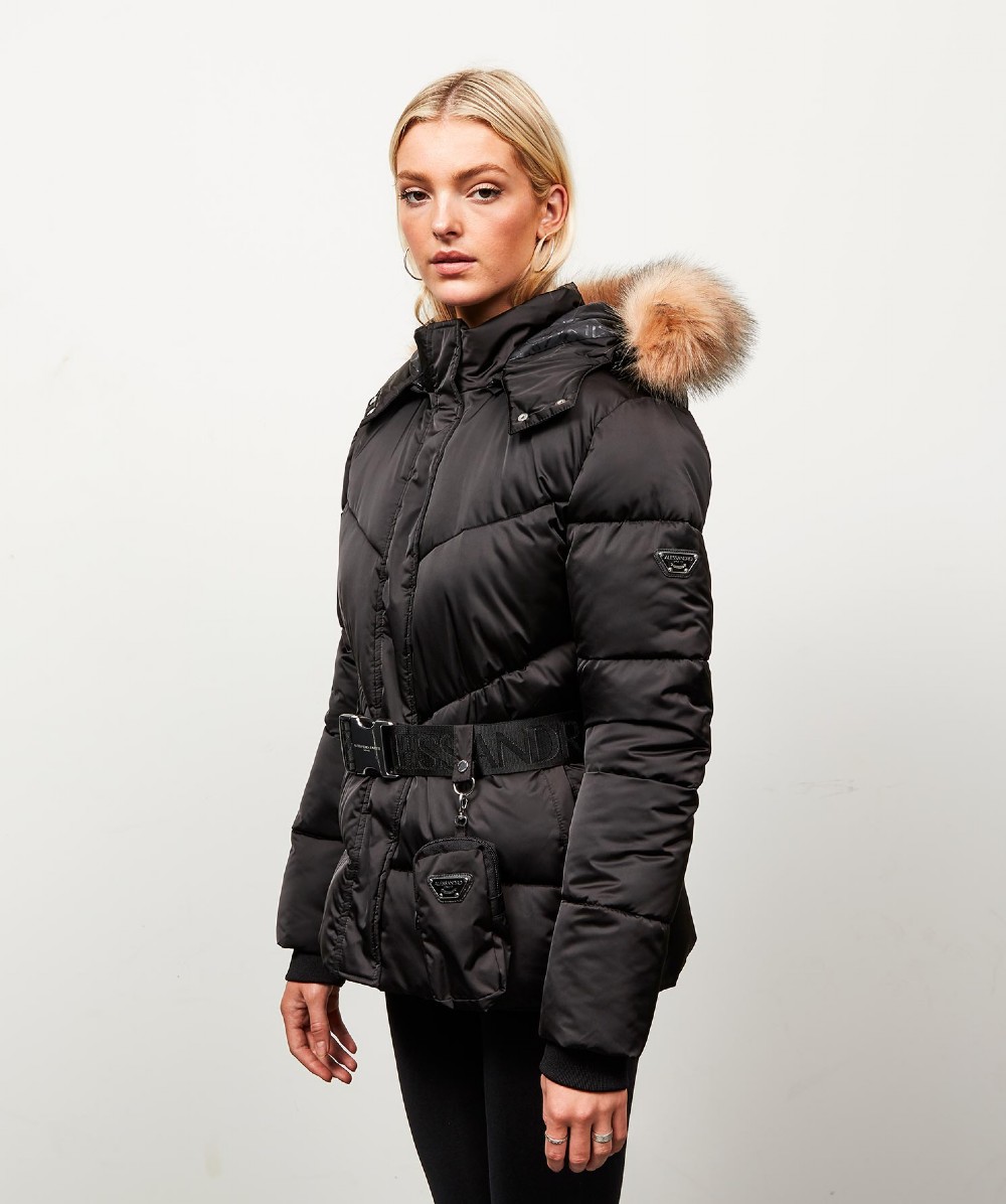 Womens Lucia Belted Chevron Fur Jacket