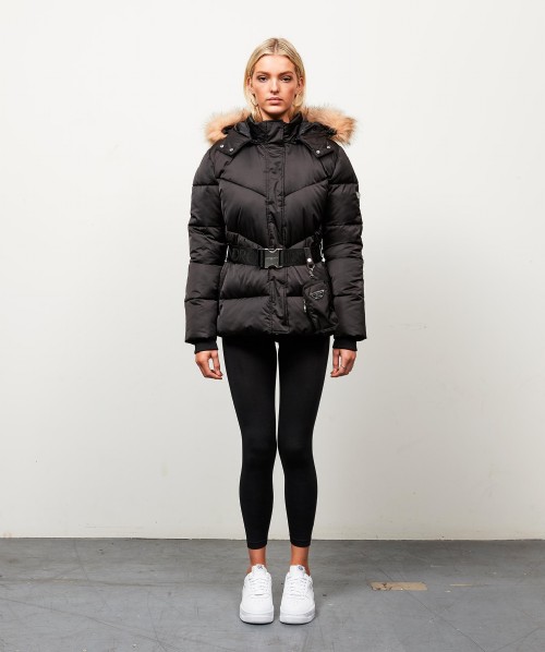 Womens Lucia Belted Chevron Fur Jacket