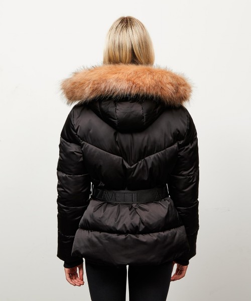Womens Lucia Belted Chevron Fur Jacket