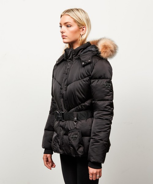 Womens Lucia Belted Chevron Fur Jacket