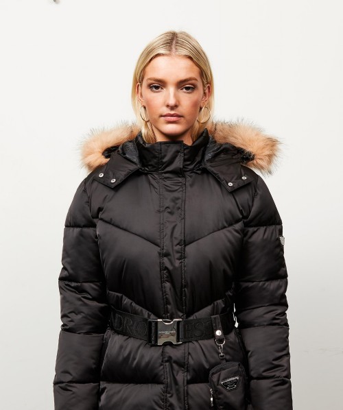 Womens Lucia Belted Chevron Fur Jacket
