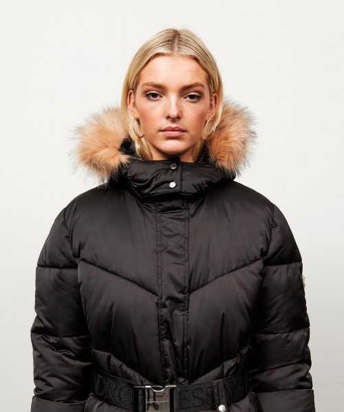 Womens Lucia Belted Chevron Fur Jacket