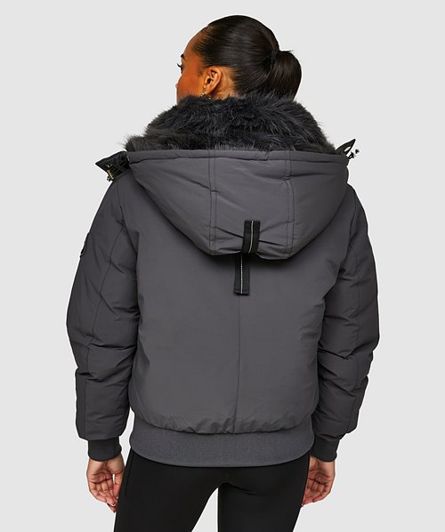 Zavetti Canada Womens Gabellia Platinum Hooded Bomber Jacket Asphalt Zavetti